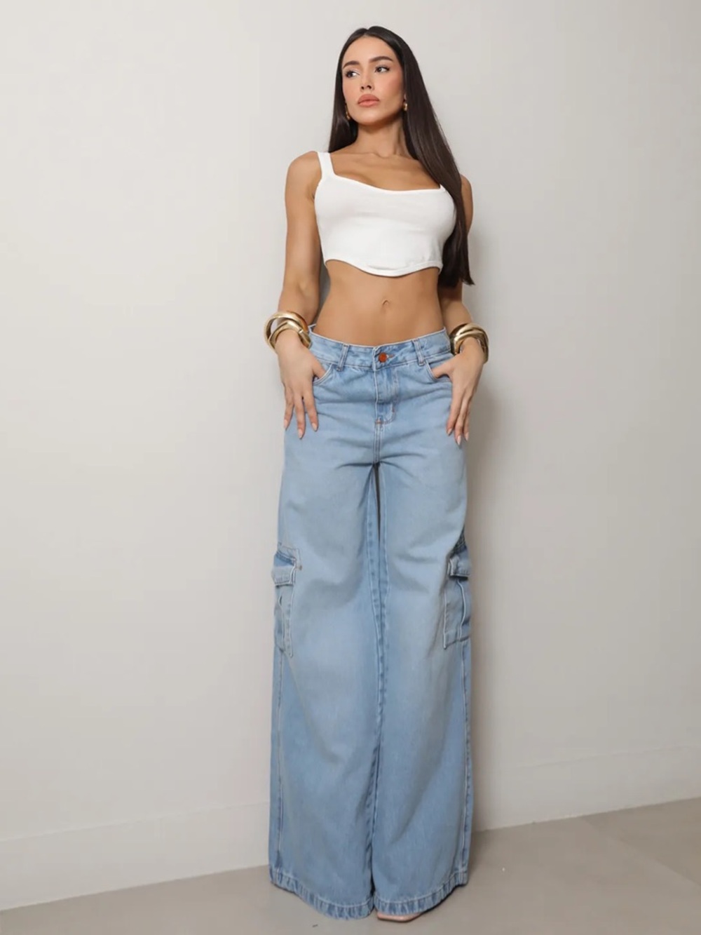 Women's Light Blue High-Rise Wide-Leg Cargo Jeans